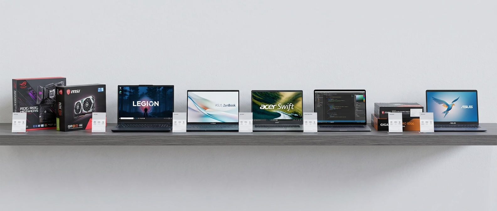 Notebook e componenti per PC su uno scaffale