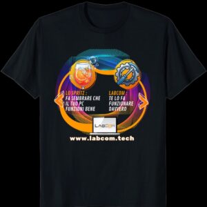 T-shirt nera Labcom con stampa "Lo spritz fa sembrare che il tuo PC funzioni bene, Labcom te lo fa funzionare davvero"