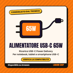 Scheda grafica Labcom di un alimentatore USB-C da 65 W con ricarica Power Delivery, per notebook, tablet e smartphone USB-C. Disponibile su Amazon