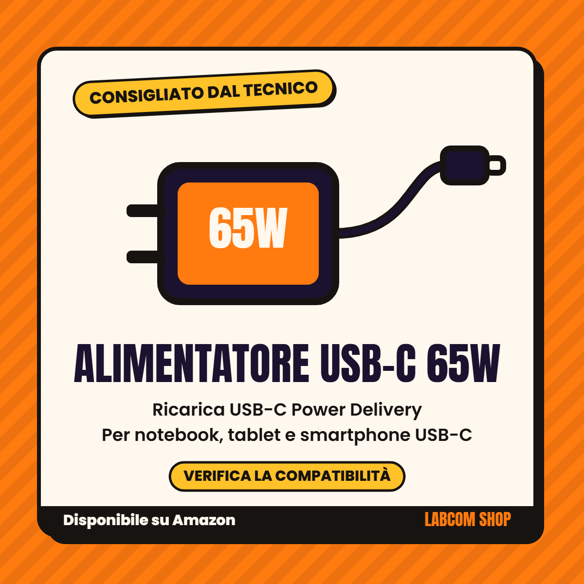 Scheda grafica Labcom di un alimentatore USB-C da 65 W con ricarica Power Delivery, per notebook, tablet e smartphone USB-C. Disponibile su Amazon