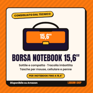 Scheda grafica Labcom di una borsa compatta per notebook fino a 15,6 pollici con tracolla imbottita e tasche per accessori. Disponibile su Amazon