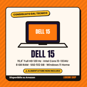 Scheda grafica Labcom del notebook Dell 15: 15,6" Full HD 120 Hz, Intel Core i5-1334U, 8 GB RAM, SSD 512 GB. Alimentatore non incluso. Disponibile su Amazon