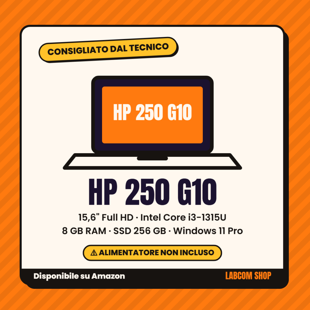 Scheda grafica Labcom del notebook HP 250 G10: 15,6" Full HD, Intel Core i3-1315U, 8 GB RAM, SSD 256 GB, Windows 11 Pro. Alimentatore non incluso. Disponibile su Amazon