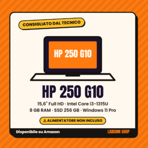 Scheda grafica Labcom del notebook HP 250 G10: 15,6" Full HD, Intel Core i3-1315U, 8 GB RAM, SSD 256 GB, Windows 11 Pro. Alimentatore non incluso. Disponibile su Amazon
